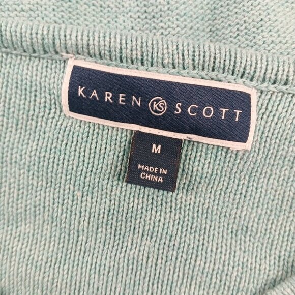 NWT KAREN SCOTT Textured Patchwork Sweater MEDIUM(8-10) Teal Aqua Cotton V-neck - Picture 11 of 12